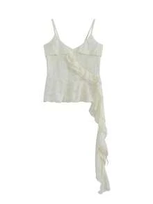 Vintage Asymmetrical Ruffle Patchwork Distressed Camisole Tank Top For Women, Summer - Apricot - View 6