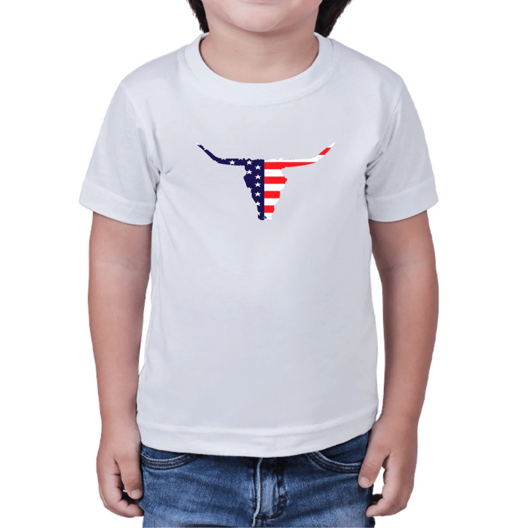 Camiseta Infantil Juvenil Unissex Texas Boi USA Moda Country Cowboy|Festa Junina - Branco - Visão 1