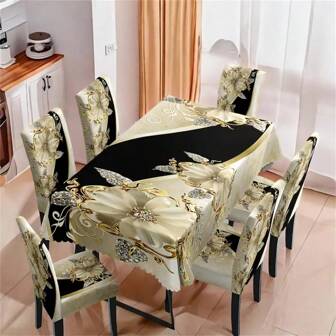 1/4/5/36/7/6pcs Elegant Black Golden Flower Tablecloth Chair Cover, Chair Decoration, Elastic And Comfortable, Removable And Washable, Suitable For Home And Party Decoration