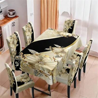 1/4/5/36/7/6pcs Elegant Black Golden Flower Tablecloth Chair Cover, Chair Decoration, Elastic And Comfortable, Removable And Washable, Suitable For Home And Party Decoration