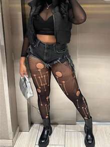 Quần tất lưới gợi cảm cho nữ Quần tất họa tiết cao đến đùi Tất đen Quần bó ren Quần tất - màu đen - Xem 2