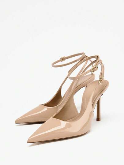 New Women Pointed Toe High Heel Sandals, Beige Patent Leather Material, Backless Mules, Stiletto Heel, Sexy Party/Office Shoes, Spring/Summer