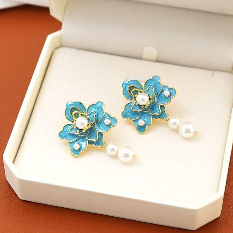 Blue Flower Earrings Ladies Fashion Design Style Niche Earrings - 1 件 - 查看 1