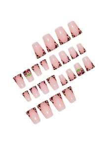 24片高端Y2K豹纹法式3D樱桃中号鸭嘴假指甲甜美酷炫按压式指甲适合女士女生日常佩戴美甲用品指甲 - 彩色 - 查看 4