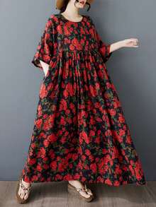 AZAH 2026新款A字印花长裙，加大码，蝙蝠袖，宽松梭织面料，V领带口袋，度假优雅之选 - 紅色 - 查看 6