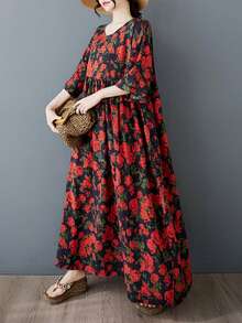 AZAH 2026新款A字印花长裙，加大码，蝙蝠袖，宽松梭织面料，V领带口袋，度假优雅之选 - 紅色 - 查看 4
