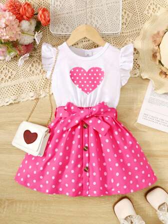 女童时尚无袖圆领心形和波尔卡圆点印花拼布公主裙，适合 4-7 岁儿童，户外、街头、学校、日常穿着