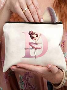 1 Stück niedlicher Ballett Mädchen 26 Buchstaben Initialen Muster Leinwand Kosmetiktasche Aufbewahrungstasche, Geschenk mit Ballett Mädchen Motiv für Mädchen, großvolumige leichte Reise-Kulturtasche - Muttertagsgeschenk, einzigartiger Aufbewahrungsbeutel, Kosmetiktasche, Urlaubsgeschenktasche