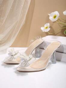 Women's Summer New Pearl & Rhinestone Bow Transparent Pointed Toe Stiletto High Heel Sandals, Elegant Transparent High Heels For Wedding Party - Clear - View 3