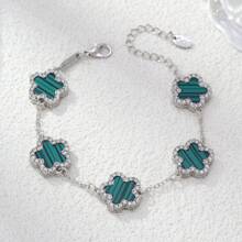 1 件镶嵌水晶和珍珠母设计的三叶草手链，时尚奢华女士日常和派对配饰，适合作为礼物、生日礼物（不含包装盒） - 五葉草銀 - 查看 13