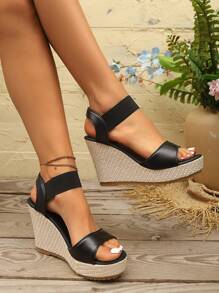 女士厚底坡跟凉鞋，厚底草编坡跟凉鞋，时尚高跟一脚蹬凉鞋 - 黑色 - 查看 6