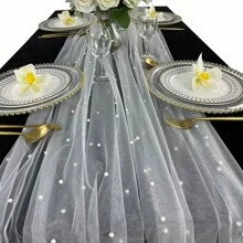 1pc Faux Pearl Decor Table Runner, Wedding White Pearl Tulle Tablecloth, Wedding Arch Decoration Reception Bridal Shower, Party Decoration, Chair Streamer, Event Background Wall Decor,Christmas