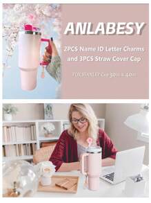 兼容 杯配件 1 件黑粉色吸管盖，用于杯吸管盖，1 件可爱心形字母和圆形字母饰物，适用于 30&40 盎司带手柄玻璃杯，字母饰物配件的长度为 3.94 英寸。个性化字母配件