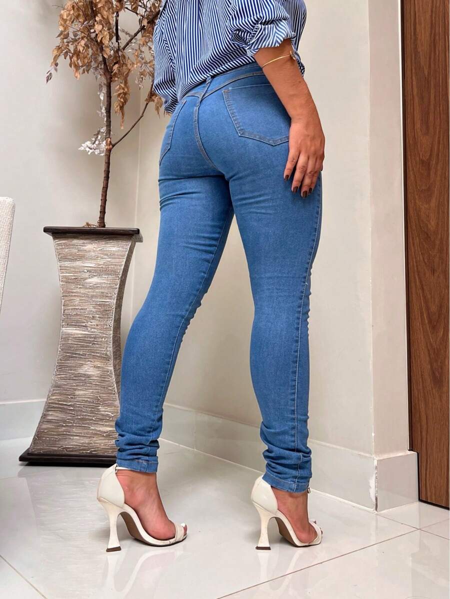 Women's Skinny Jeans With High Waist Spandex - 水瓶藍 - 查看 1