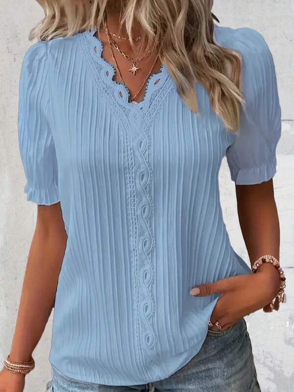 Summer Casual Solid Color Lace Trim Puff Sleeve Blouse