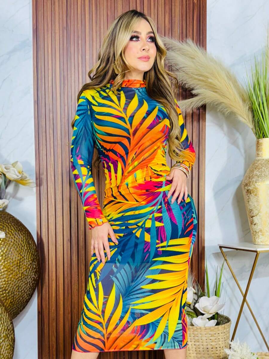 Women Midi Dresses - 橙色和藍色的葉子 - 查看 1