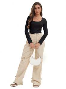 QGEMANWU Women's Long Sleeve Round Neck Ribbed Knit Fitted Casual Top Slim Basic Shirt - màu đen - Xem 5