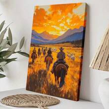 1pc Western Wall Art Framed Canvas Wall Art Poster Neutral People Riding Horses In A Field Wall Art For Living Room Bedroom Bathroom Kitchen Apartment Hotel, Artful Home Decoration - Framed, Vertical