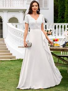 MIUSOL Deep V-Neck Contrast Sequin Lace Ruffle Trim Chiffon Formal Party Maxi Dress - White - View 2