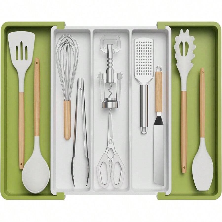 Utensil Organizer Kitchen Drawers, Expandable Cooking Utensil Tray, Adjustable Cutlery Silverware Flatware Holder, Plastic Kitchen Spatula Tools And Gadgets Storage Divider, Large, Black - 白色 - 查看 1