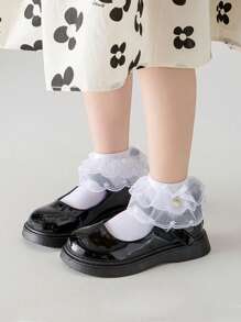 1 Pair White/Pink Lace Trim Socks, Girls Pearls Mesh Socks, Thin Children Dance Socks, Latin Princess Socks - Multicolor - View 3