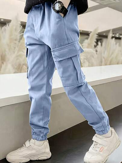 1件装 青少年男童前卫简约休闲运动户外多口袋工装裤，春秋季