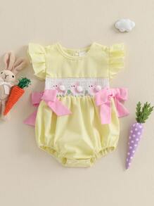 Baby Girls Easter Clothes Rabbit Embroidery Plaid Fly Sleeve Rompers Summer Bodysuits Jumpsuits - Yellow - View 1