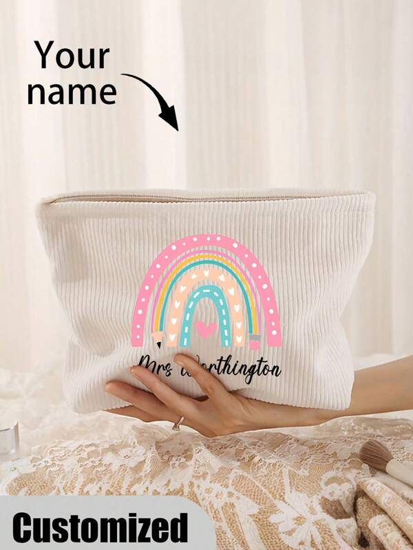 Bolsa de maquillaje personalizada con diseño de arcoíris y flores - Bolsa de aseo de viaje ligera y fácil de limpiar con cremallera, regalo ideal para mamá, profesora, hija