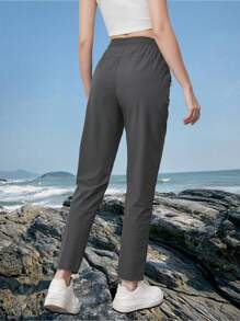 Women's High Waist Elastic Drawstring Waist Dual Side Zipper Pockets Lightweight Breathable Outdoor Sports Hiking Pants - Dark Grey - View 5