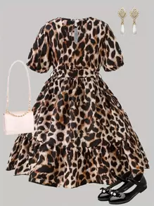 Vestido con estampado de guepardo, vestido casual y elegante de manga corta y cuello redondo con silueta evasé para niña preadolescente, adecuado para picnic al aire libre, estilo callejero, hogar, escuela, relajarse - Multicolor - Ver 2