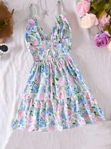 Women's Floral Printed Spaghetti Strap Backless Vacation Dress, Spring/Summer - Green - View 2