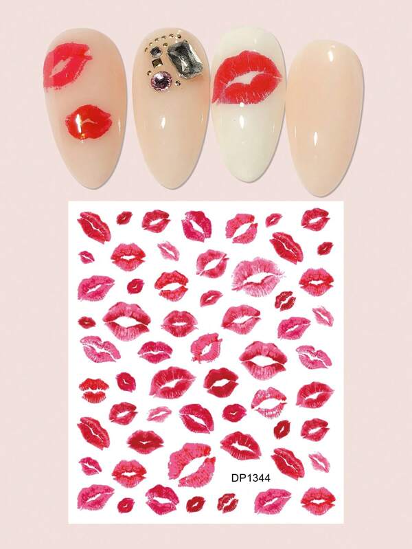 1 قطعة ملصق فن أظافر بنقشة شفاه حمراء
