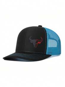 1pc Men's Patchwork Ox Print Adjustable Baseball Cap, Breathable Mesh Outdoor Riding Fishing Sun Protection Hat
