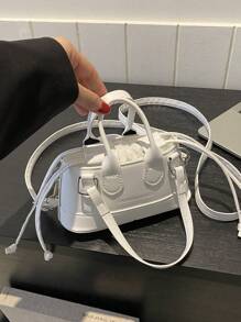 Fashionable Solid Color PU Drawstring Mini Handbag, Metallic Color Crossbody Shell Bag For Women - White - View 11