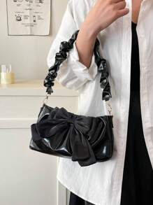 Modieuze geplooide wolkentas, handtas met magnetische gespsluiting, grote capaciteit strikversiering crossbodytas, glitter PU-materiaal kleine tas geschikt voor verschillende dagelijkse toepassingen