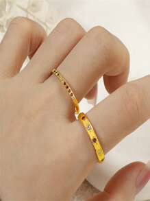 1pc Unique Design Minimalist Style 18K Gold-Plated Stainless Steel Cubic Zirconia Layered Ring For Women