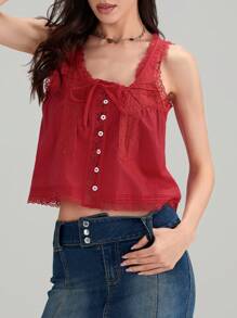 Women Lace Trim Vest Tank Tops Y2K Fairy Sleeveless Tie Button Front Sheer Mesh Crop Tops Summer Going Out Tops Cute Loose Fit Cami Shirt  Aesthetic Clothes - 紅色 - 查看 5