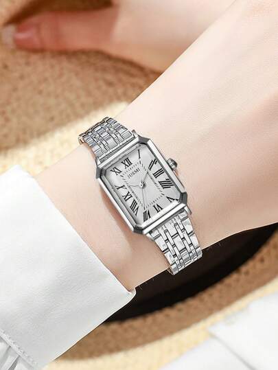 1pc/Set Stylish Rectangular Dial Stainless Steel Strap Quartz Watch, Birthday Halloween Singles Day Teenagers view 2