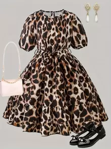 Vestido con estampado de guepardo, vestido casual y elegante de manga corta y cuello redondo con silueta evasé para niña preadolescente, adecuado para picnic al aire libre, estilo callejero, hogar, escuela, relajarse - Multicolor - Ver 1
