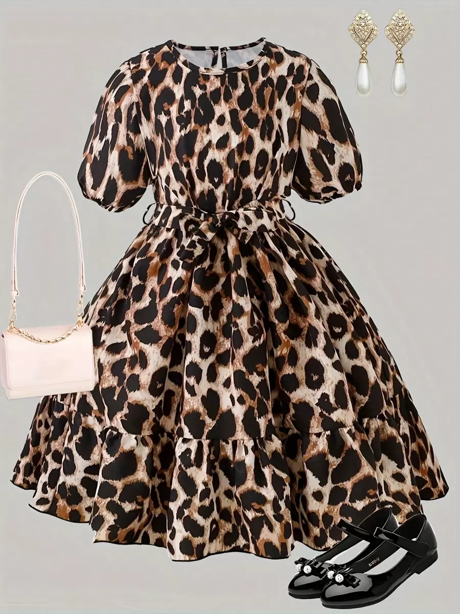 Vestido con estampado de guepardo, vestido casual y elegante de manga corta y cuello redondo con silueta evasé para niña preadolescente, adecuado para picnic al aire libre, estilo callejero, hogar, escuela, relajarse - Multicolor - Ver 1
