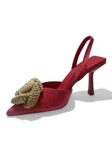 Women 3D Floral Decor Pointed Toe Fashion High Heels Valentines Stylish High Heels - Red - View 2