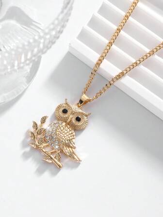 1pc Stylish European & American Cute Owl Shaped Pendant Necklace With Transparent Rhinestones, Suitable For Women's Daily Wear
