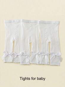 3 Pairs Toddler Girls' Bow Decor Mesh Leggings, White 7/8 Length Tights, Elastic Skinny Pants, Suitable For Daily Wear
