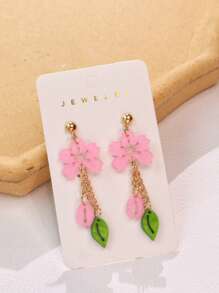 1 Pair Acrylic Bling Bling Flower Design Earrings, Pink Sequins Cherry Blossom Chain Floral Leaves, Cute & Sweet For Girls, Suitable As Gift, Spring/Summer