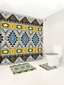 1 件/4 件条纹多功能浴室装饰：带 12 个挂钩的防水浴帘、防滑浴垫、U 型马桶垫和圆形马桶盖，适合全场景使用的浴室套装