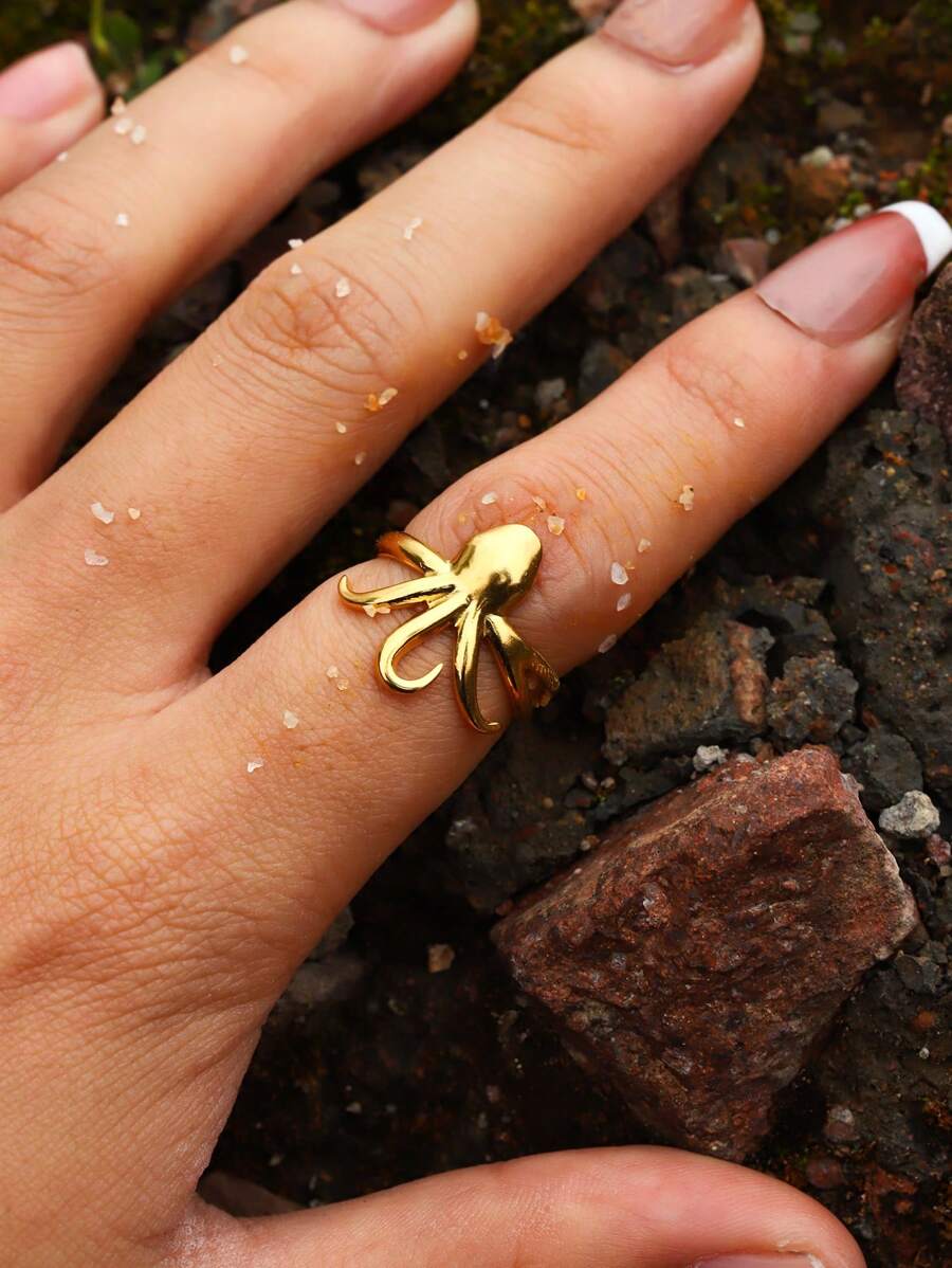 1pc Gold Stainless Steel Octopus Shaped Open Ring, Fashionable & Casual, Suitable For Women's Daily, Vacation, Travel, Holiday Wear