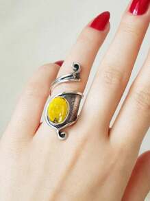 1 件复古时尚不对称合金水钻可调节开口戒指，多色 - 復古銀色 - 查看 4