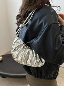 时尚纯色金色云褶 PU 女士手提包简约甜美风格单肩包、斜挎包。适合购物、钱包、学生、年轻女性、办公室女性。非常适合办公室、大学、工作、商务、通勤、户外活动、旅行和野餐。