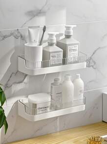 1 件大容量粘贴式淋浴架，无需钻孔粘贴式浴室架，带排水孔，透明壁挂式浴室收纳整理器，现代壁挂式免打孔架子，适用于浴室洗衣房厨房节日厨房油箱，香料收纳架 - 白色返校 - 白色 - 查看 2