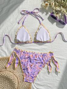 Damen süßer Blumen-Spitzen-Rüschen Bikini 2-teiliges Set, geeignet für Sommer Insel Urlaub Schwimmen - Verschiedenfarbig - Übersicht 2